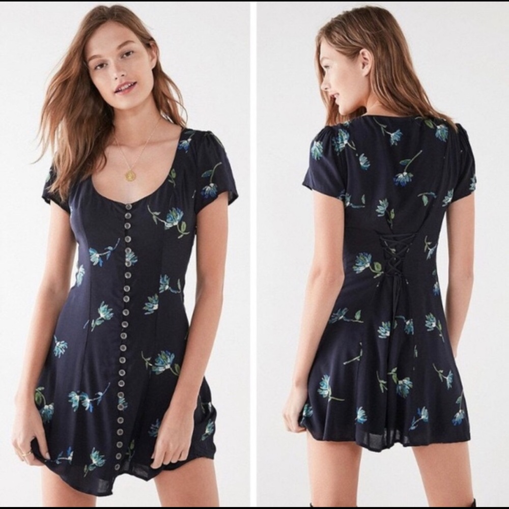UO Mindy Blue Floral Button-Front Mini Dress